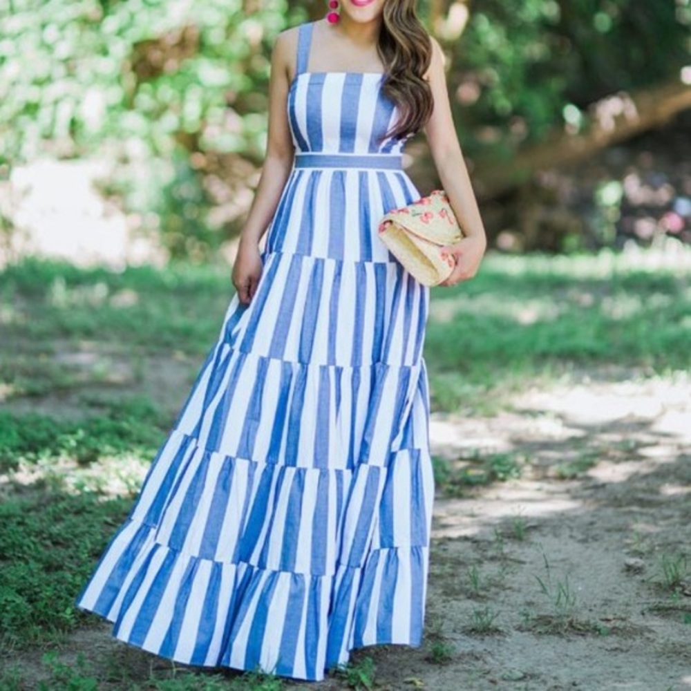 Eliza J STUNNING Blue & White Stripe Tiered Maxi Dress size 2